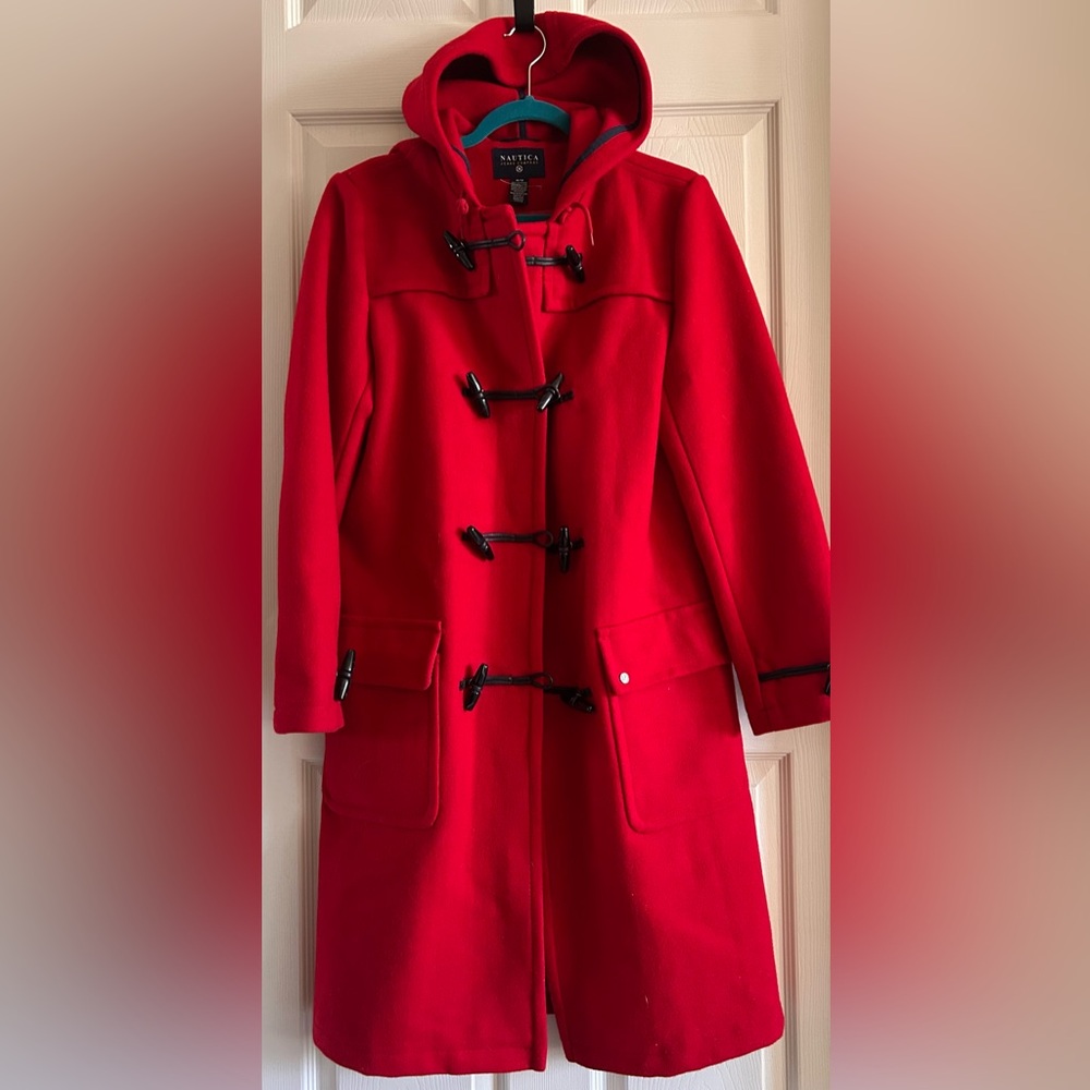 Nautica Womens Wool Toggle Closure Cherry Red Hooded Long Duffle‎ Coat Size Med